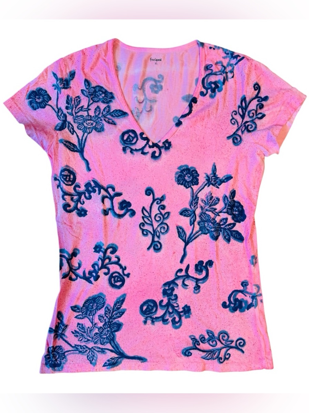 Feel Good V Neck Cap Sleeve Pink And Blue Floral Top